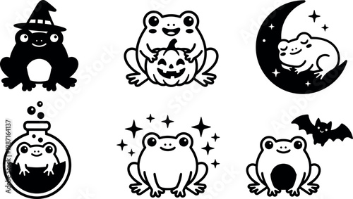 Halloween themed frogs with pumpkin potion moon and bat vector art