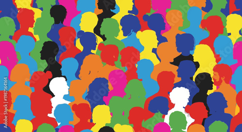 Colorful silhouettes of people gathered in a lively crowd scene hgfjd