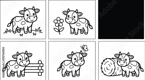 Cute vector coloring book pages six panels farm cow smiling close up with flower fence cloud butterfly haystack grass simple bold outlines for kids printable editable