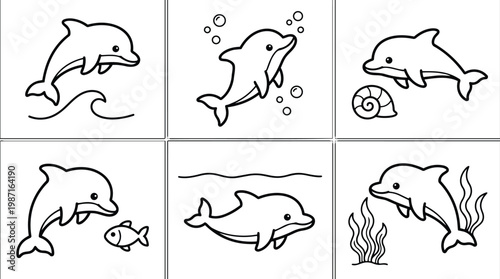 Line art dolphin coloring book page set six simple playful dolphin scenes jumping swimming with shell fish seaweed waves black outline smiling close up low angle