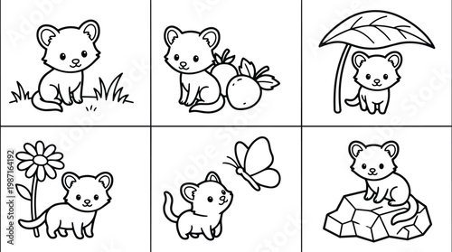 Line art vector close up set of six playful baby ferret characters sitting exploring with leaf flower butterfly rock and fruit cute panels for coloring books