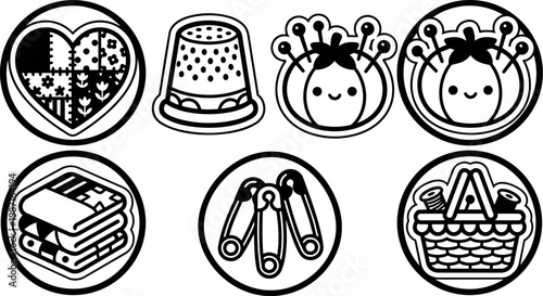 Black and white sewing patch heart with floral pattern thimble pin cushion folded cloth safety pins and sewing basket vector art