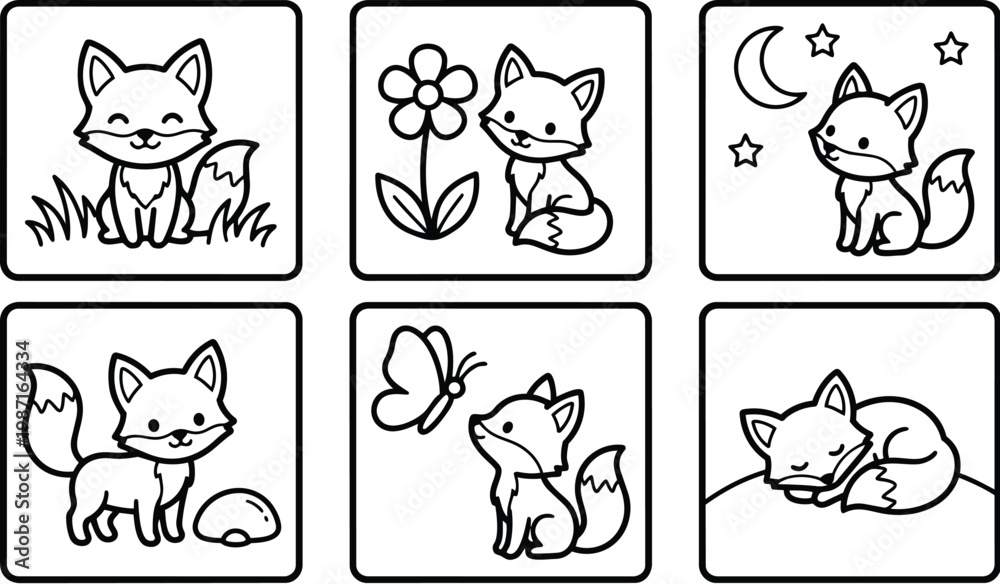 Fototapeta premium Cute fox coloring book vector panels six square scenes with smiling sitting sleeping butterfly flower moon grass rock simple line art for kids toddlers preschoolers playful