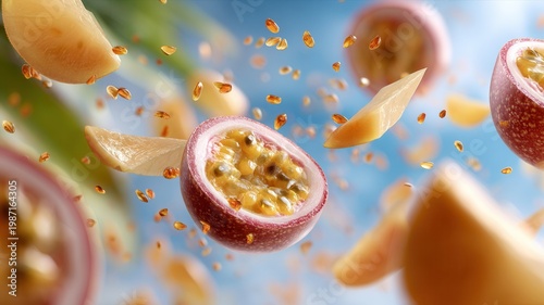 Bright passion fruit halves and banana slices flying through the air with water droplets and tropical leaves a under sunny sky