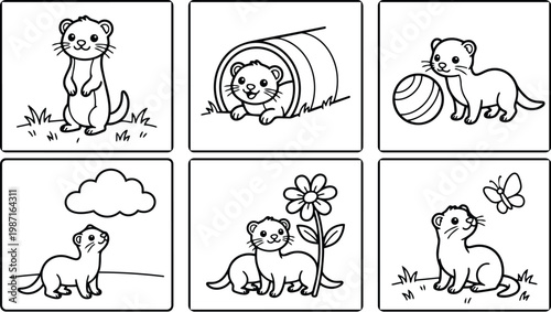 Cute ferret scenes in simple line art panels for coloring book vector art showing standing peeking playing with ball inside tunnel near flower and butterfly