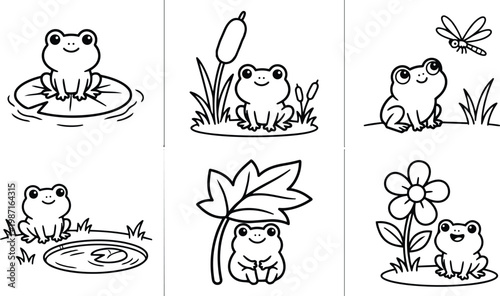 Cute line art frogs in six panels for coloring book sheet with lily pad cattail dragon fly flowers simple outlines left right close up poses happy smiling