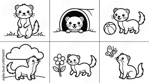 Cute ferret coloring book page set with peeking ferret playing with ball flower and butterfly simple line art for children smiling standing sitting playful outline design