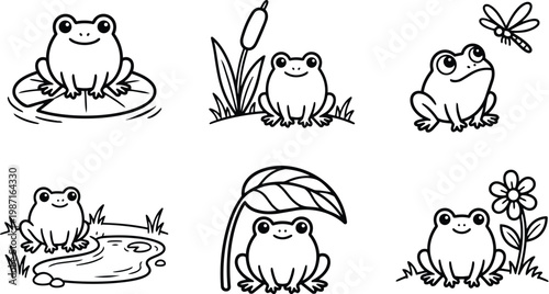 Simple line art vector close up frogs in six poses for childrens coloring books with lily pad pond cattail dragonfly flower scenes calm playful black outline