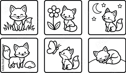 Cute fox coloring book vector panels six square scenes with smiling sitting sleeping butterfly flower moon grass rock simple line art for kids toddlers preschoolers playful