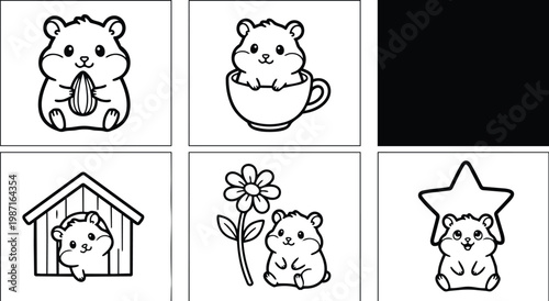 Cute line art hamster coloring book page set with six square panels close up various poses holding seed cup wheel house flower star cheerful outline design