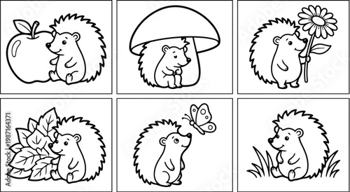 Cute hedgehog coloring book vector art six panel close up scenes sitting holding apple under mushroom holding flower among leaves watching butterfly line art simple outline