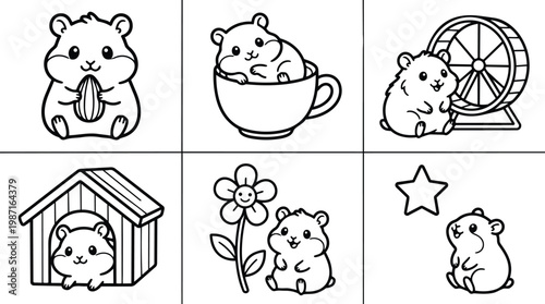 Cute line art vector sheet showing six hamster coloring book icons eating seed in cup by wheel and house with flower and star simple bold outline