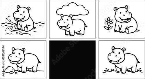 Cute hippo coloring book vector panels six simple outlines smiling hippos in water flower butterfly rock grass cloud close up front view bold lines black white
