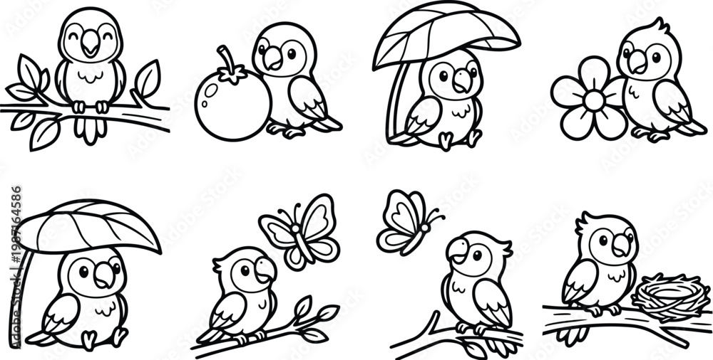 Fototapeta premium Cute line art parrot characters sitting on branch with fruit flower umbrella nest butterfly simple outlines for childrens coloring book pages bold black lines friendly
