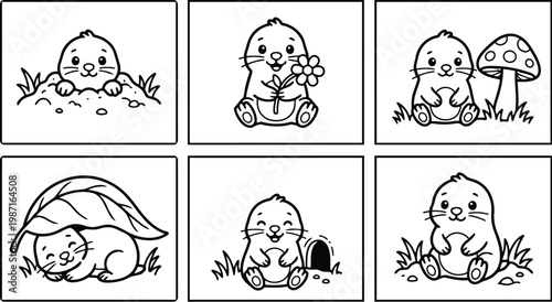 Cute groundhog coloring book vector panels showing peeking smiling holding a flower sitting by mushroom sleeping under leaf near burrow playful simple line art bold outlines