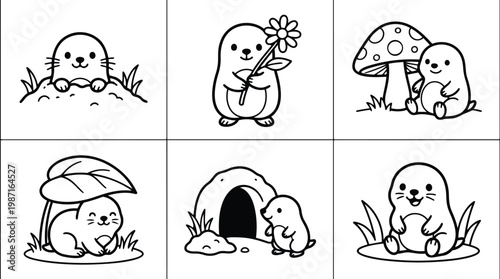 Line art six panel grid close up cute mole characters in playful poses holding flower mushroom leaf peeking from burrow simple outlines for coloring book pages