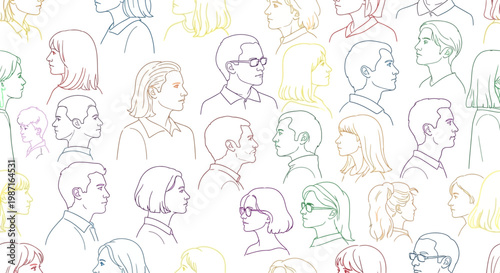 Multicolored diverse crowd of people in profile with hgfjd reference