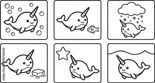 Cute narwhal coloring book panels close up smiling narwhal with horn in simple outlines six frame layout bubbles fish star snowflake ice wave scenes child friendly