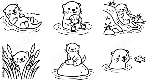 Cute line art otter scenes for coloring books six playful otter poses holding shell sliding down stream peeking through reeds sitting on rock simple bold outlines