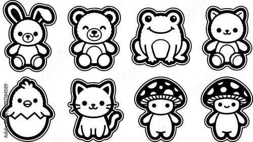Black and white cute animal and mushroom cartoon icons set vector art
