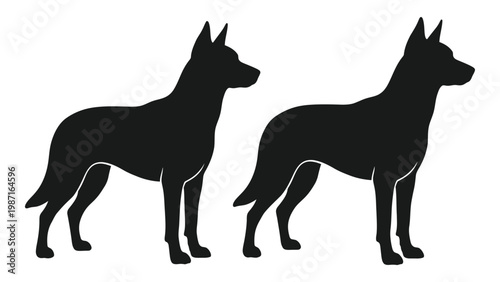 Two black silhouettes of german shepherd dogs standing in profile