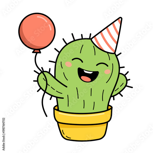 Cheerful cartoon cactus character in a striped party cone hat holding a balloon. Vibrant green succulent in a yellow flowerpot, perfect for birthday invitations, festive stickers, greeting cards.