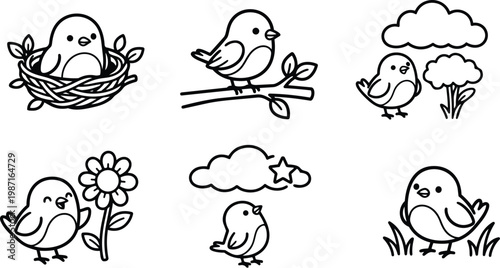 Cute bird coloring book page set with nest branch flower cloud simple outlines for kids close up sitting perching looking forward bold line art vector black