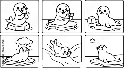 Cute seal coloring book vector six panel comic style scenes on ice floe playful seal holding fish swimming smiling simple line art friendly outline