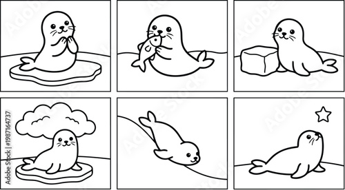 Minimalist line panels of playful baby seals in six scenes eating fish on ice and looking at star simple outlines coloring book pages for children cute