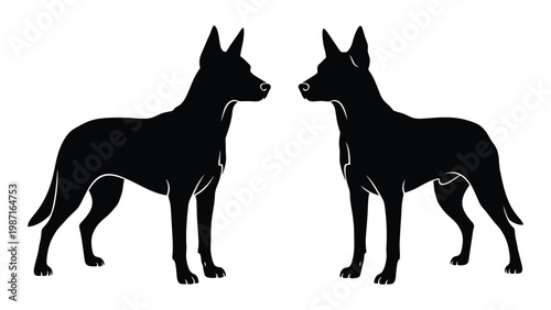 Two german shepherd dogs facing each other in a symmetrical black silhouette