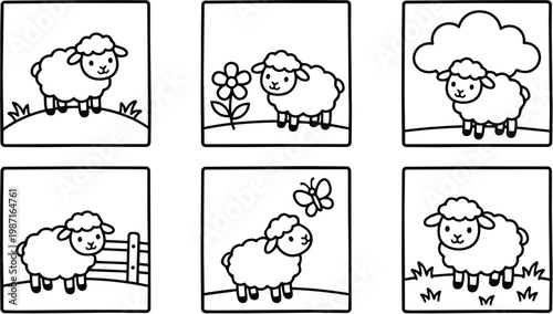 Cute minimalist vector sheep panels set close up farm lambs in six square frames playful poses for coloring book simple bold outlines hand drawn friendly illustration
