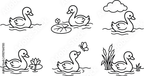 Black line coloring book vector art close up six duck outlines swimming with lily pads cattails butterfly cloud simple kids printable coloring pages for children toddlers