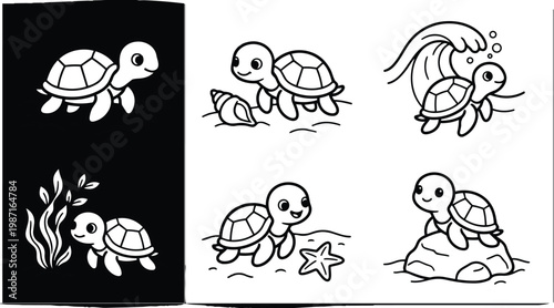 Line art coloring book page with six cute sea turtles in different poses walking swimming near shell starfish seaweed rock smiling expressions bold outline for kids