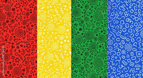 Vibrant colorful patterns on display across four vertical sections