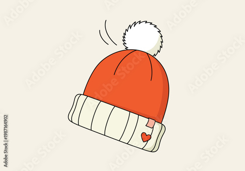Orange winter beanie with white pompom, cozy knitted hat vector illustration, warm seasonal headwear with heart detail, hand-drawn style winter cap