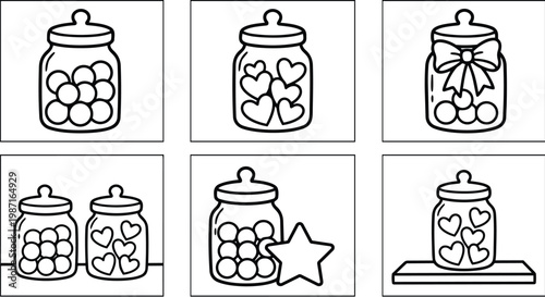 Simple line art jar and heart jar set for coloring book pages close up front view with bold outlines including bow star rows of sweets playful