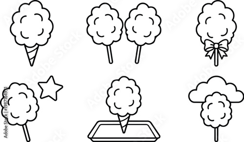 Minimalist line art top view cotton candy icons set with multiple variations cone stick bow tray cloud star designed for coloring book pages playful outline children