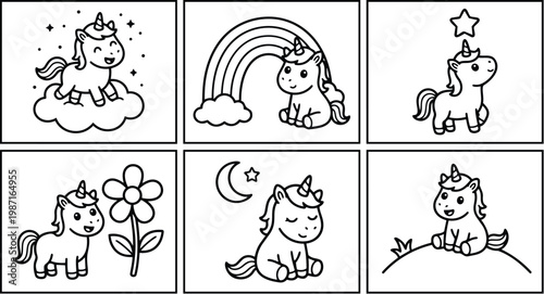 Flat line art six panel unicorn scenes for kids coloring book featuring smiling sitting standing jumping unicorns clouds rainbow stars moon flowers cute simple outlines playful