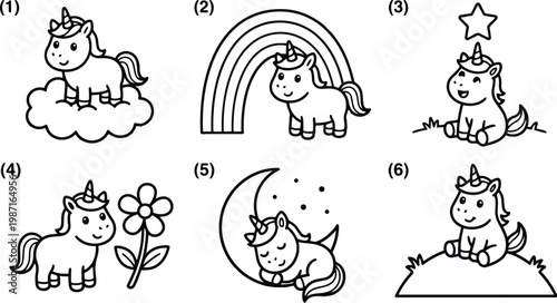 Cute vector line art unicorn set close up and full body poses for childrens coloring book pages playful simple outlines for kids activity joyful bedtime scenes