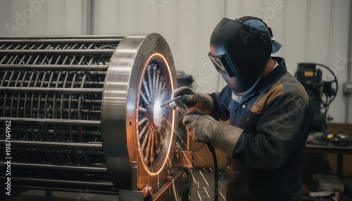 Craftsperson manually welding the exchanger shell around the tube bundle with focused attention showcasing traditional circumferential welding techniques in a controlled workshop