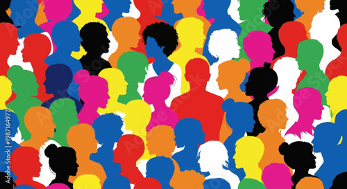 Vibrant silhouettes of diverse people gathered in a lively crowd scene with hgfjd concept