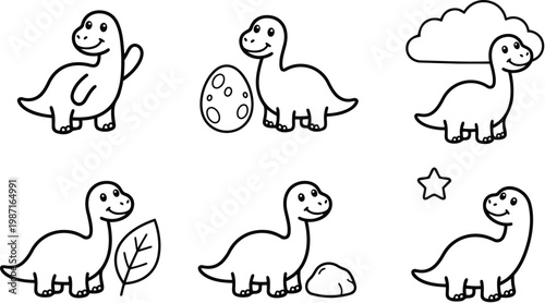 Cute smiling brontosaurus set in simple outline poses with egg leaf cloud star and rock vector coloring book pages for children bold lines