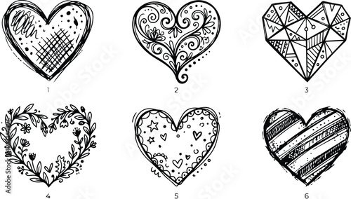 Vector art six hand drawn decorative heart outlines valentines day numbered close up for coloring books with floral doodle geometric sketchy swirled striped textured set