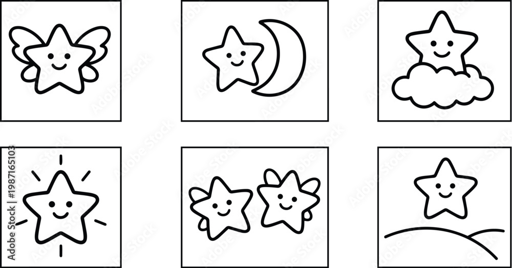 Fototapeta premium Kawaii star icon set six square panels simple outline line art smiling stars moon cloud wings sparkles for coloring books vector hand drawn style child friendly
