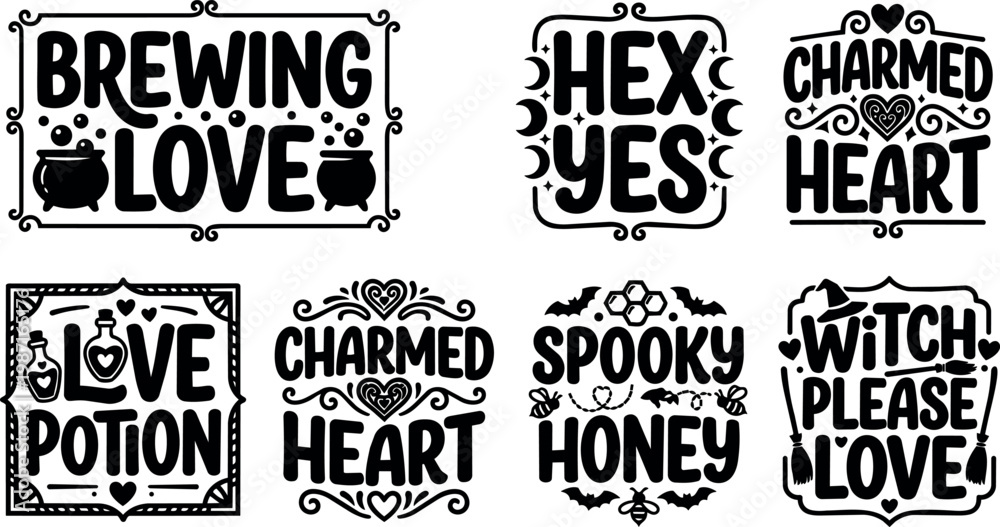 Obraz premium Black and white brewing love hex yes charm heart spooky honey witch please love lettering vector art