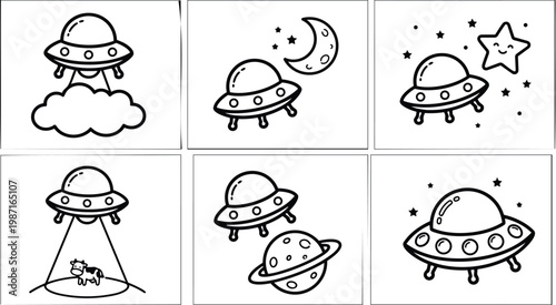 Line art vector ufo spaceship and planets coloring book pages close up smiling star and crescent moon simple child friendly cow abduction scene bold outlines printable