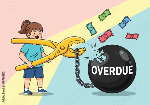 Financial debt relief concept vector, girl cutting overdue weight chain with giant pliers, breaking financial burden for economic freedom