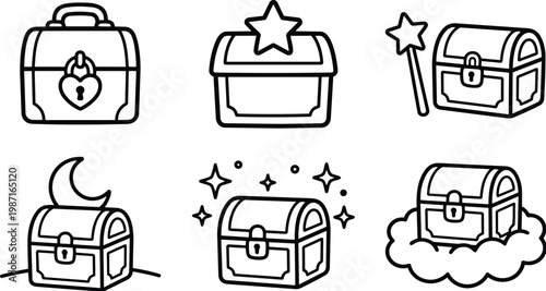 Line art vector icons treasure chests with magic elements close up set for coloring book page outlines simple bold strokes playful composition front view moon wand