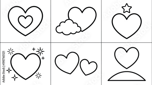 Minimalist black outline heart icons set for coloring book pages six simple heart designs with stars cloud double heart and halo vector line art simple shapes