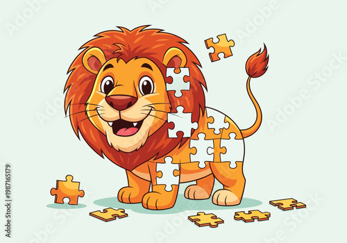 Cartoon lion jigsaw puzzle vector illustration, cute wild animal character with missing puzzle pieces, educational logic game for children